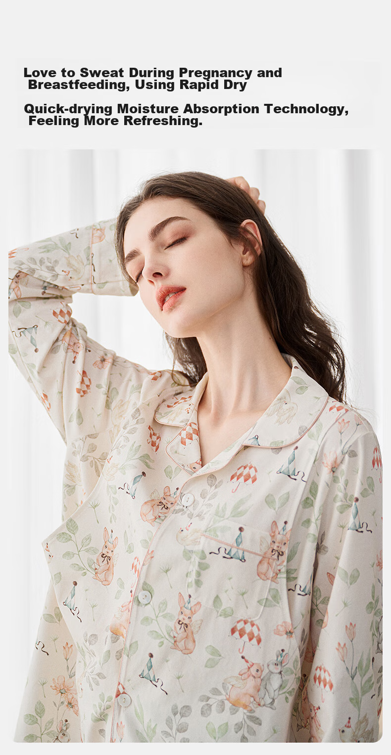 EMXEE Spring And Autumn Thin Maternity Pajamas with Built-In Chest Pads, Postpartum Nursing Sleepwear, Alice Home Wear, Size M 12
