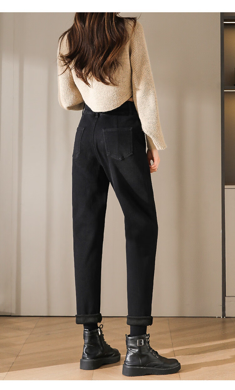 Dme Fleece-Lined Retro Dad Pants, Winter Thickened Warm Elastic Waist Harem Women's Jeans, Smoke Gray Black, Size 26 17
