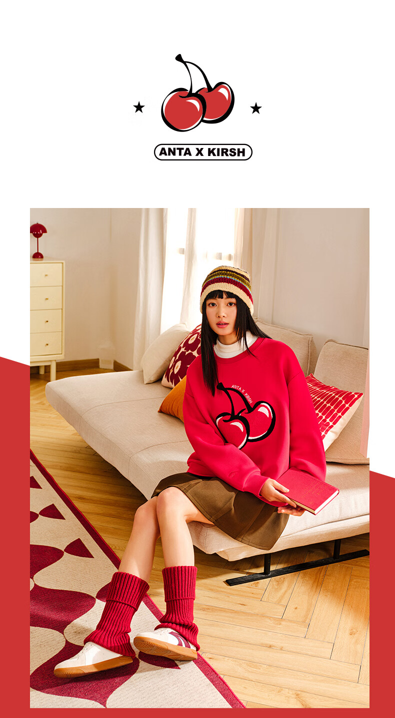ANTA ×kirsh Collaboration | Cherry Round Neck Pullover Sweatshirt for Women, New Autumn Trendy Sports Top 5