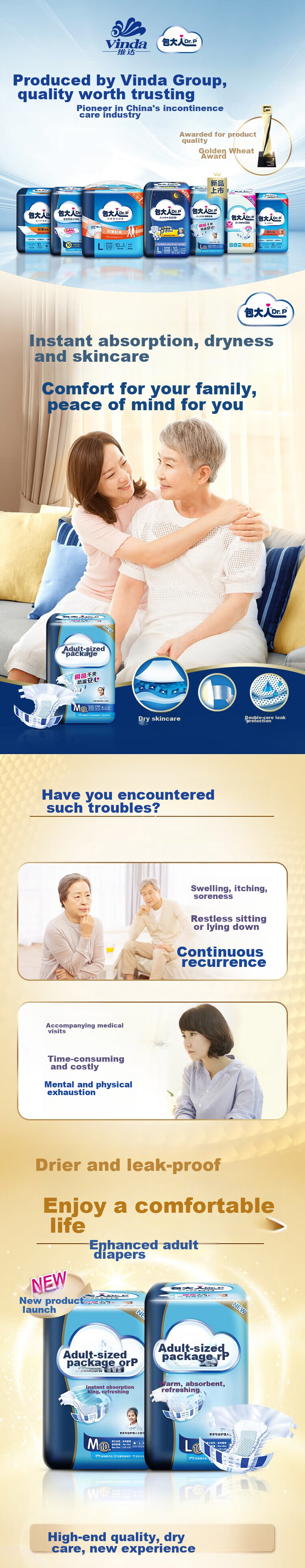 Dr.P Antibacterial Skin-Friendly Adult Diapers XL54 Pieces (Waist 90-140cm) Adhesive Type Incontinence Pads for Elderly and Pregnant Women 1
