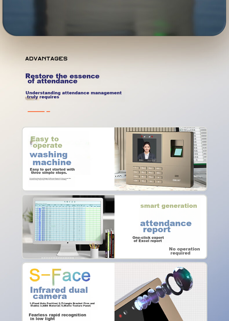 Deli Attendance Machine with Facial Recognition, Fingerprint, And Palm Vein Scanner - Face Detection, Hand-Lifting Recognition for Attendance. No Network Required, Three-Step Setup Automatically Generates Reports. Deep Space Gray AH12 7