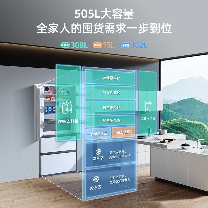 美菱（MeLng）【无忧嵌】505升法式多门电冰箱一级变频底部散热60.9cm超薄嵌入净味BCD-505WPU9CX陶瓷白 【超薄嵌入】505法式净化储鲜