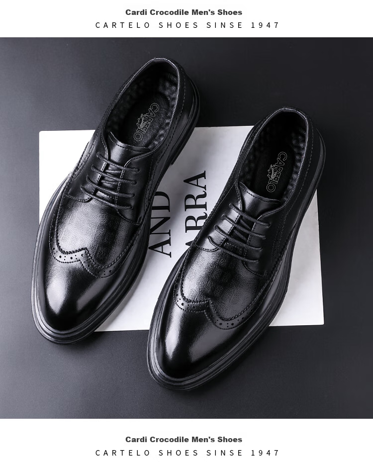 CARTELO Brogue Men's Shoes, British Low-Top Lace-Up Leather Shoes, Soft Cowhide Breathable Business Shoes 9342, Black, Size 38 9