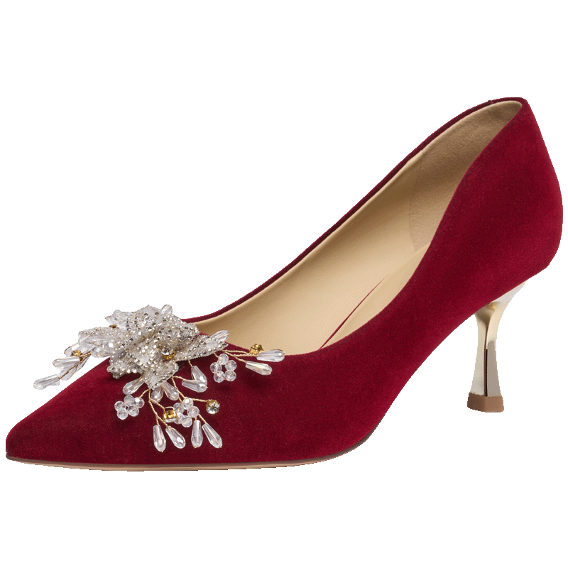 Josiny Red Wedding Shoes for Women, Spring 2026 New Season High Heels, Bridal Engagement Shoes, French-Style Pumps, Xiuhe Wedding Dress, Red, Size 35