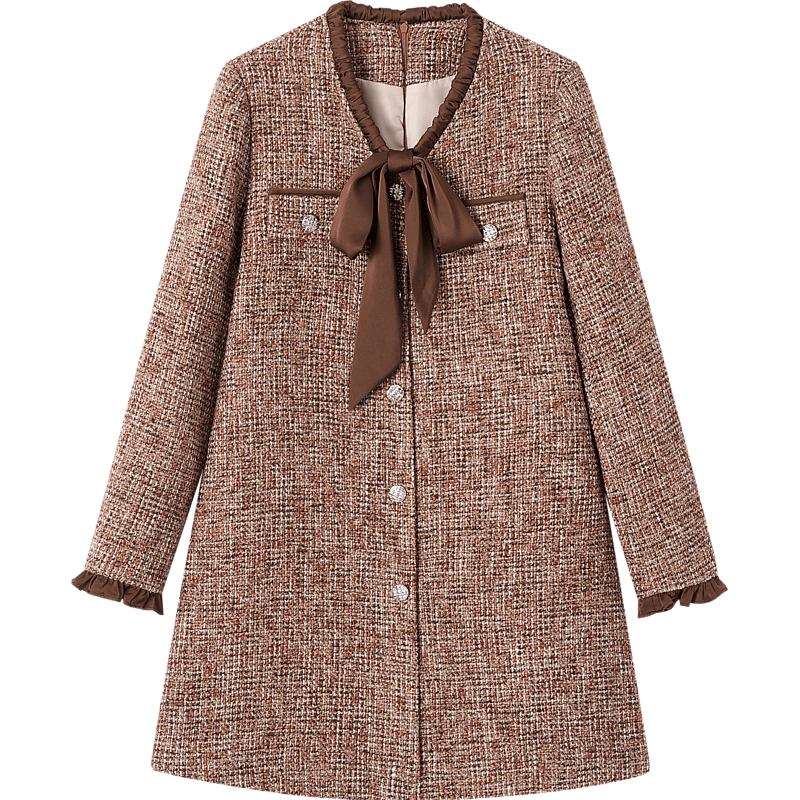 DME "Qianjin Madeleine" Winter Academy Little Chanel Style Chiffon Ruffle Hem Contrast Color Metal Buckle Concealed Flesh Women's Dress