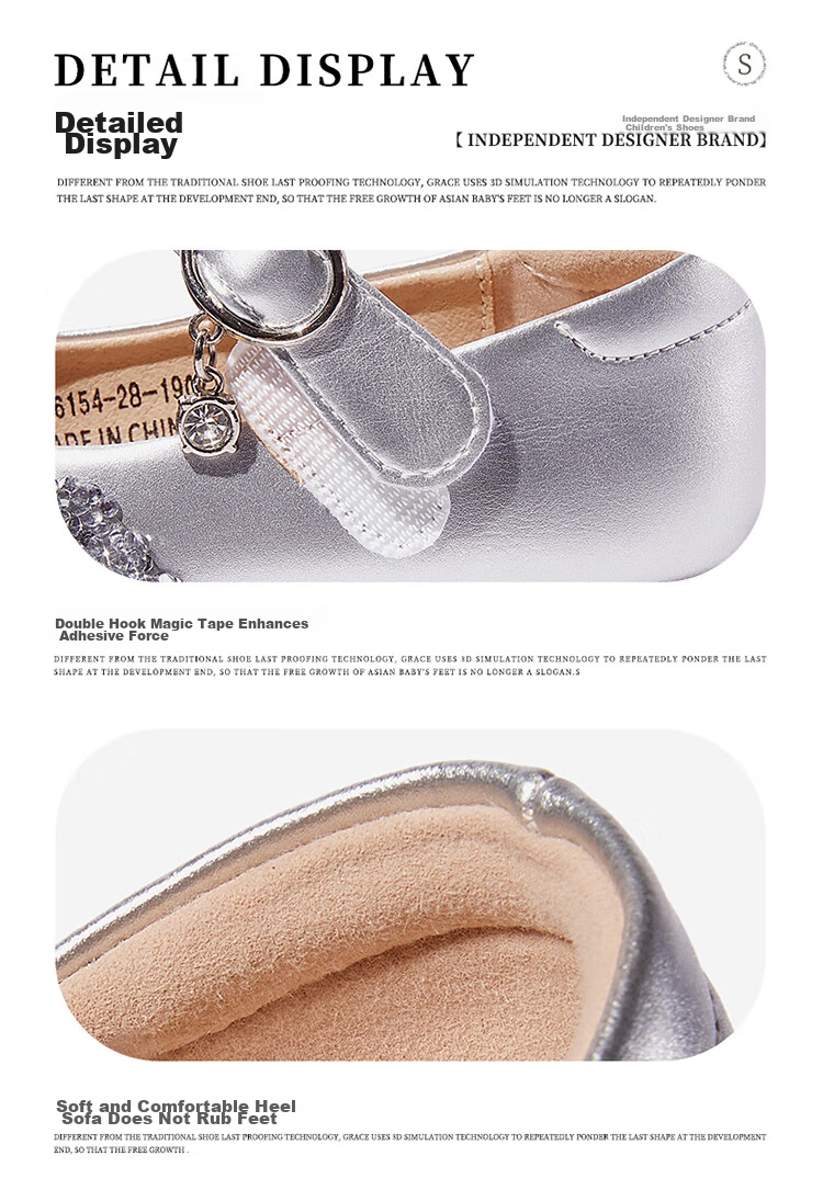 Snoffy Spring Leather Shoes for Girls, Princess Shoes for Older Children, Grit Crystal Shoes, Comfortable Children's Performance Shoes, Moonlight Silver, Size 27 17