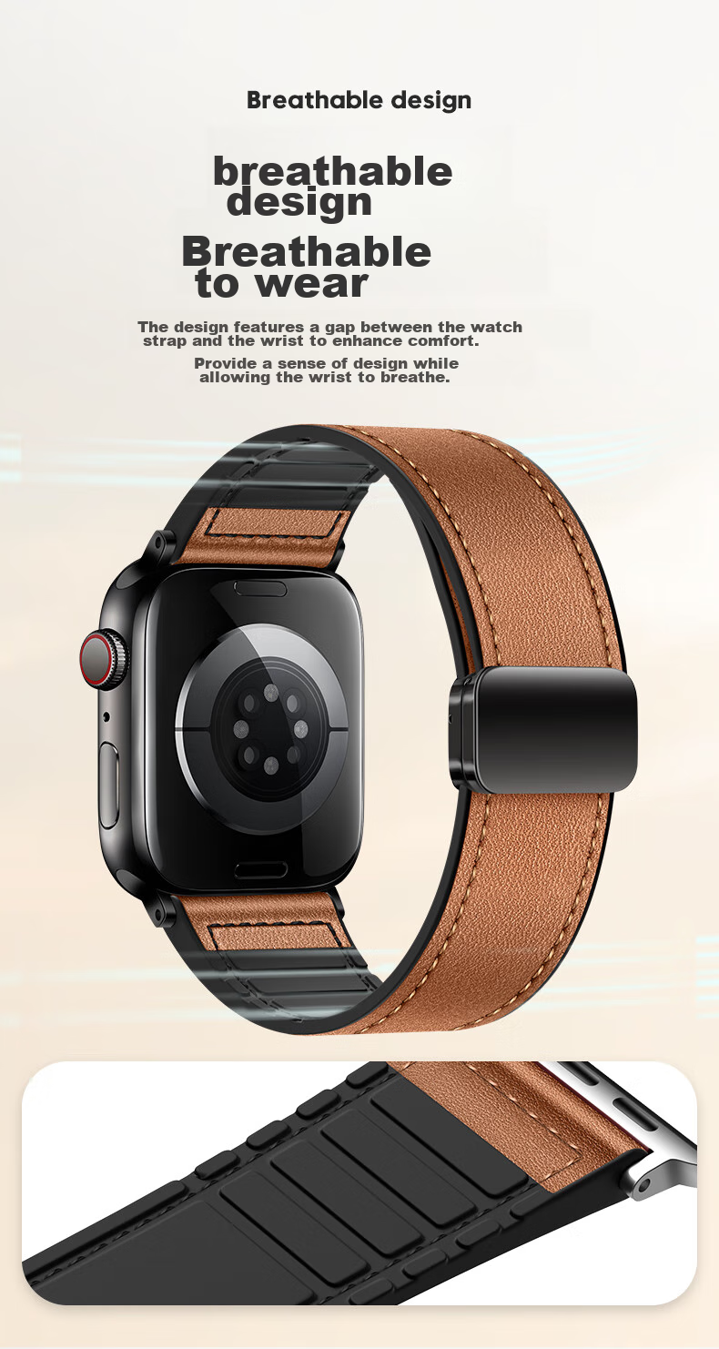 BHO Compatible Apple Watch Band, Genuine Leather Strap for Apple Watch S12/S11, IWatch S10/9/8/7/6/Ultra4/SE3/2/1, Magnetic Clasp, Genuine Leather 6