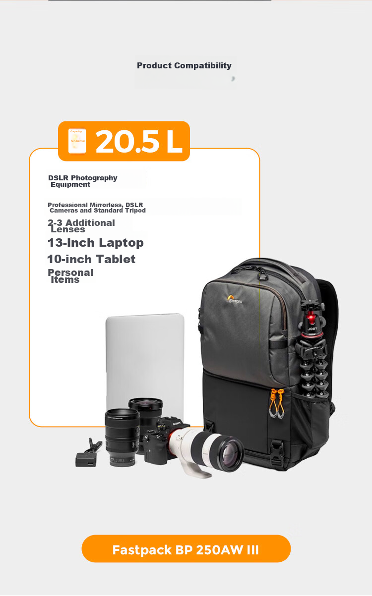 LOWEPRO Leshebao Camera Bag, Fastpack BP 250AW III Fengxingzhe, Professional DSLR And Mirrorless Outdoor Travel Rainproof Backpack Photography Bag, Black, LP37333-PWW 14