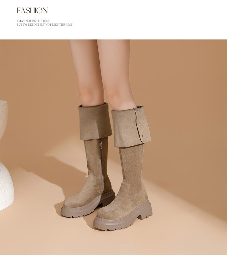 DAPHNE Autumn And Winter Over-Knee Boots, Slimming Effect for Petite Women, Elastic Foldable Two-Way Women's Boots, High-Top Boots, Khaki, Size 36 9