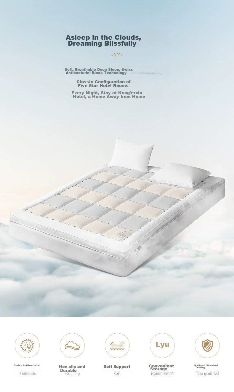 Canasin Hotel Mattress Pad, Thickened Foldable Non-Slip Protective Mat, Antibacterial Fiber Pad, Double Size 150*200cm + 3 3