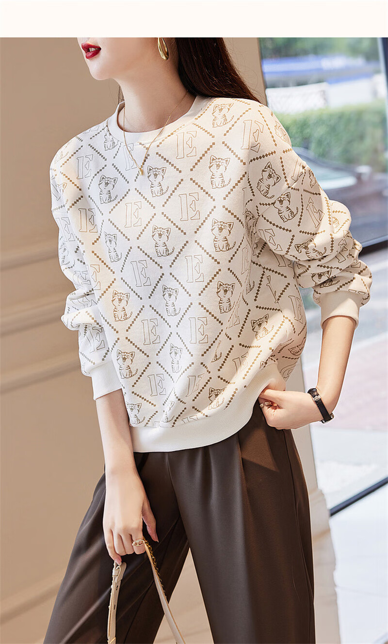 Dme [Cotton Printed Sweatshirt] Spring And Autumn Round Neck Loose Drop Shoulder Long Sleeve Slightly Stretchy Sweatshirt for Wome 11