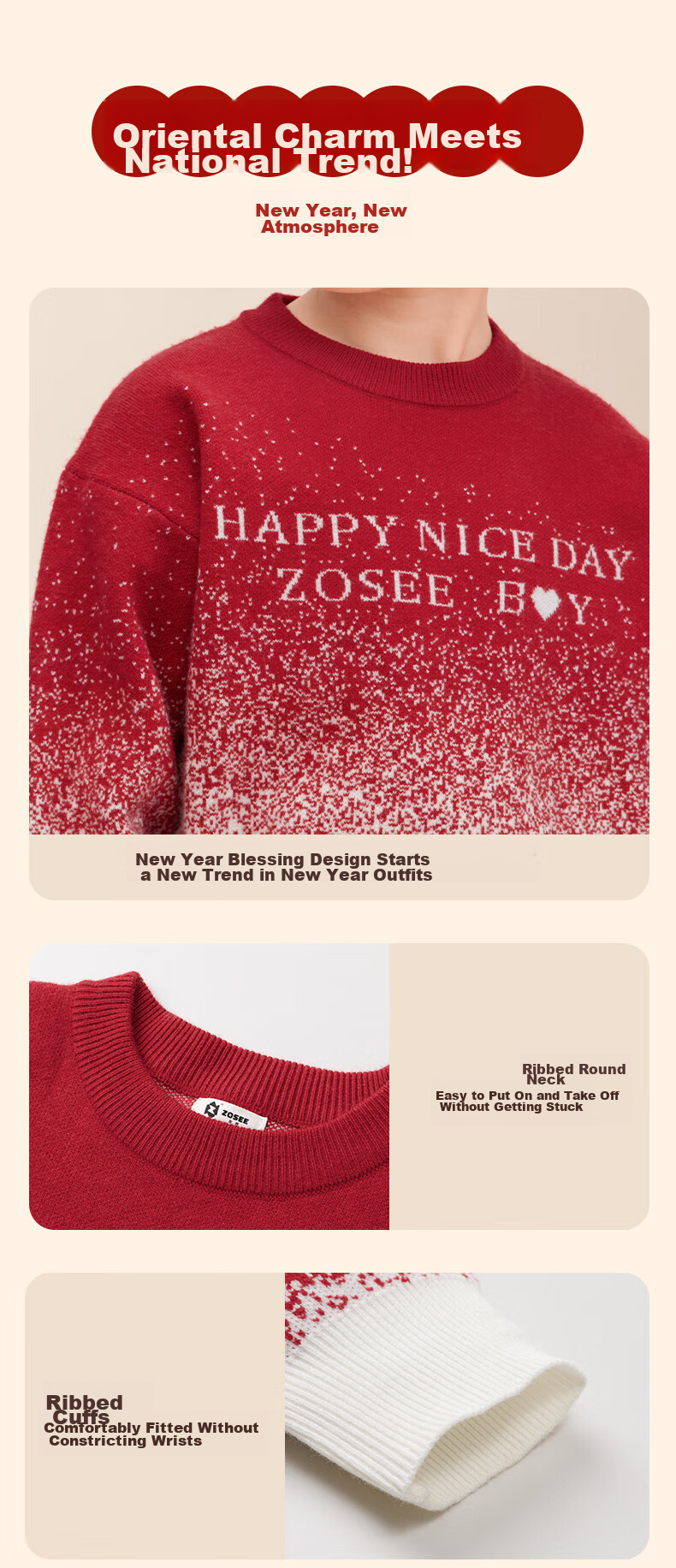 Zuoxi Boys' Red Sweater Knit Pullover, Autumn And Winter Style 2025 New Collection for Boys' Zodiac Year Winter Wear, Red And White Gradient, Size 150 6