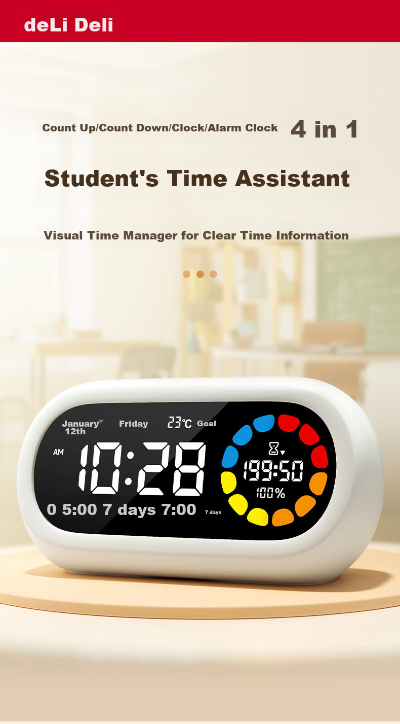 Deli Visual Smart Alarm Clock Timer, Student-Specific Wake-Up Device with Backlight Bedside Clock And Thermometer, Essential for Back-To And Graduation Seasons, LE107 White Gift 12