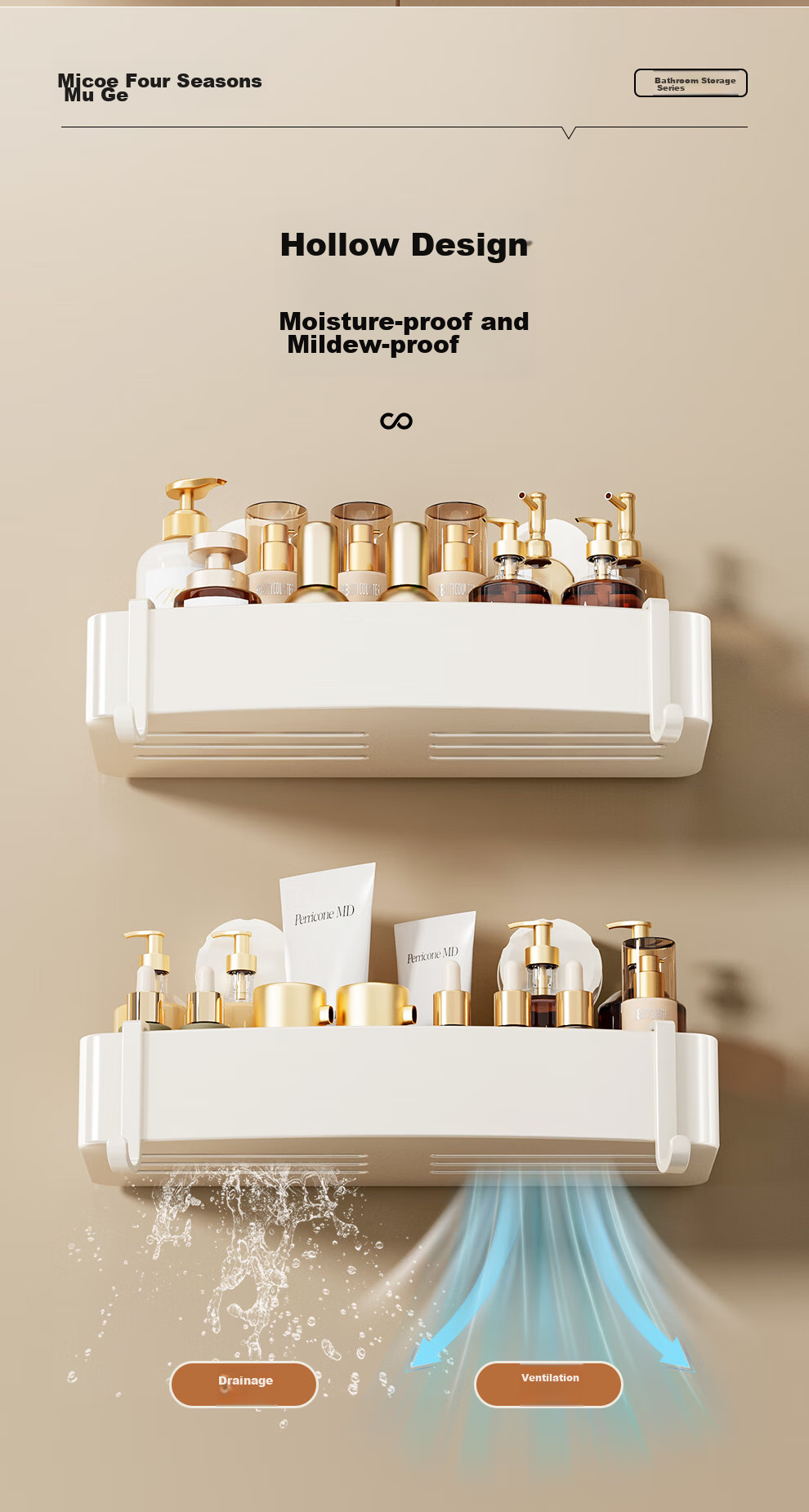 MICOE Suction Cup Storage Rack, No Drilling Required, Bathroom Kitchen Washbasin Organizer, Bathroom Storage Draining ABS 11