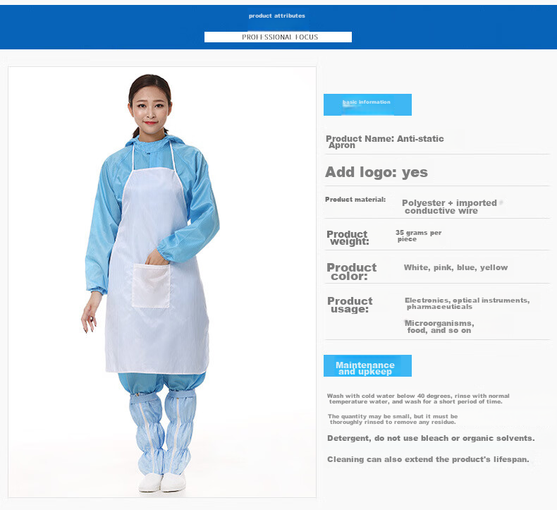 BAIGE Anti-Static Apron, Dust-Free Workshop Food Dust-Proof Apron, Work Apron Workwear, White [1 Piece], CW774561 1