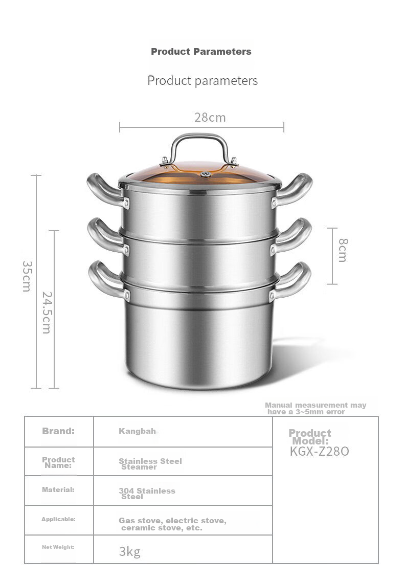 KOBACH Steamer Pot, 304 Stainless Steel European-Style Steamer Pot, Three-Layer Steamer Pot, 28cm, Compatible with Induction Cooker And Gas Stove 8
