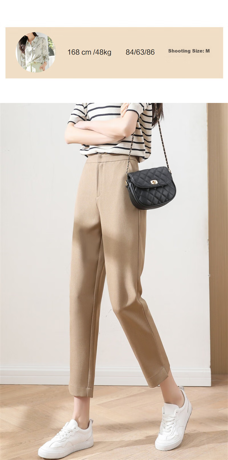 Dme Cropped Pants for Spring And Autumn, New Straight-Leg Suit Pants with Fake Pockets, Casual Trousers for Women, Khaki, S 46
