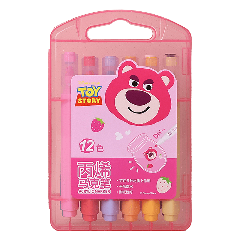 Disney 12-Color Acrylic Markers for Elementary School Students, Children's Art-Specific Drawing Pens, No-Press Grip, Easy-To Waterproof Coloring Watercolor Pens Strawberry Bear