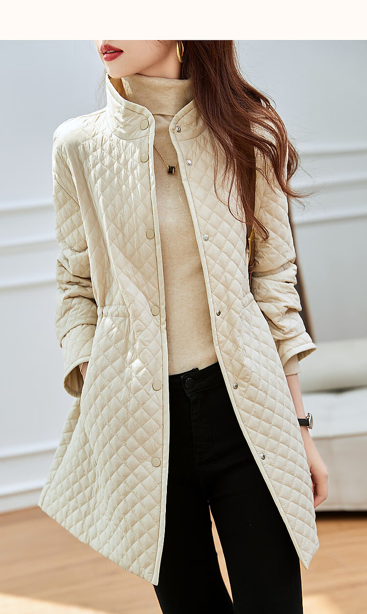 Dme [Quilted Diamond-Patterned Cotton Coat] Winter Stand-Collar Loose Drop-Shoulder Anti-Chafe Padded Jacket for Women, Mid-Length Style, Black, Size M 11