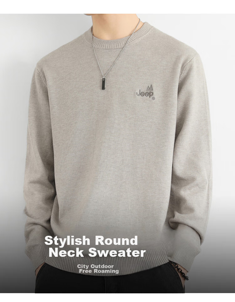 JEEP Men's Autumn Winter Sweater Round Neck Knitwear Comfortable Warm Versatile Top Dark Gray 2XL 2