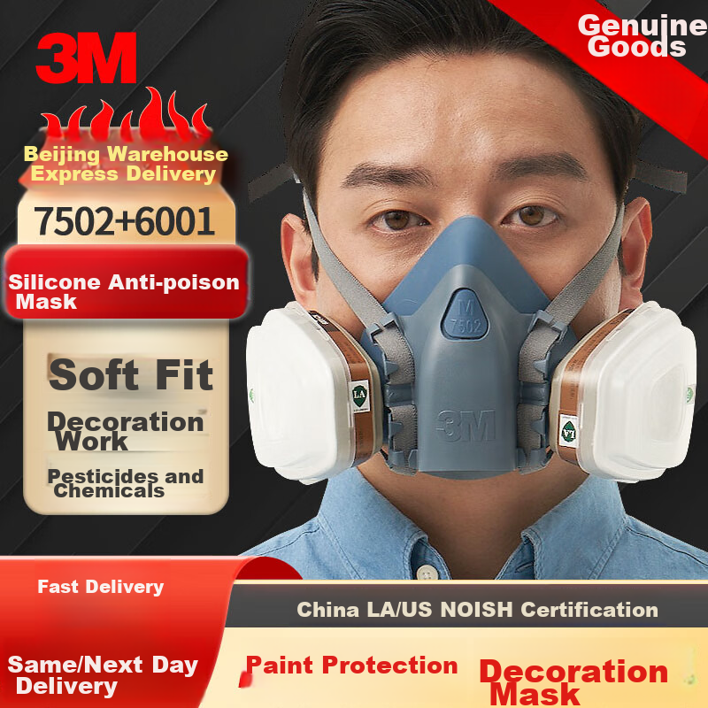 3M 7502 Silicone Gas Mask for Painting, Chemical Protection, Dust-Proof Respirator against Organic Gases And Industrial Dust with 6001 Kit, Firefighting Mask