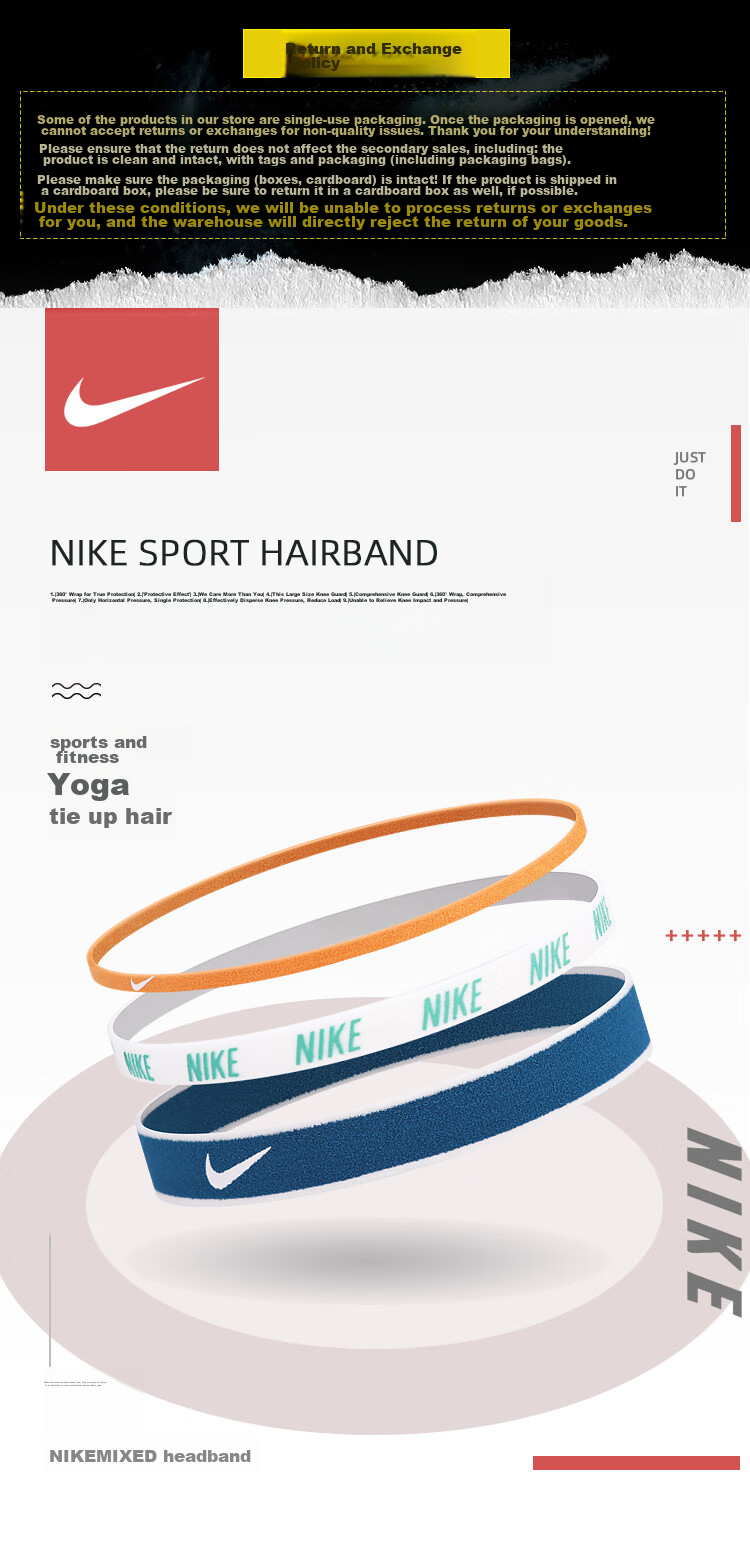 NIKE Sports Headbands Running Basketball Yoga Fitness Sweatbands Hair Bands 3-Pack N1011933036OS 1