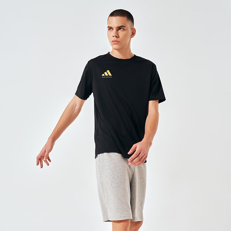 Adidas Men's T-Shirt, Summer Sports Breathable Lightweight Loose Cotton Short Sleeve, Cotton Black/gold, 2XL