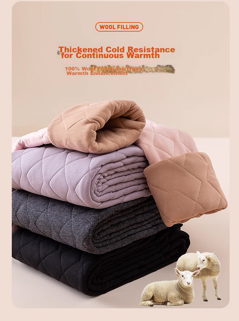 LangSha 100% Wool Thermal Pants for Women, Autumn And Winter Fleece-Lined Thick Cotton Pants, High-Waist Plus Size Slim-Fit Leggings 2