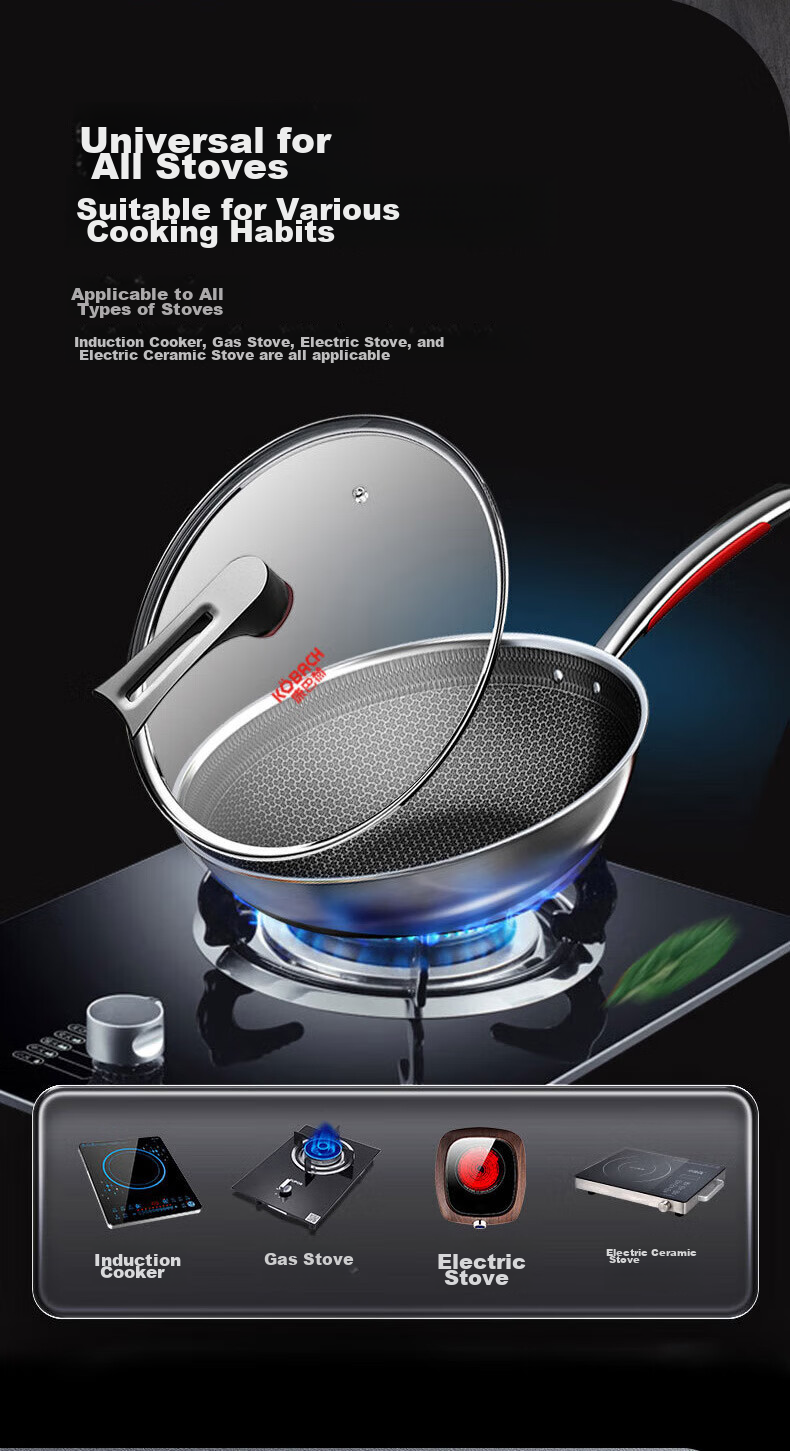 KBH Non-Stick Wok, 316L Stainless Steel Frying Pan, 32cm Honeycomb Flat Bottom Skillet, Compatible with Induction And Gas Stoves 17