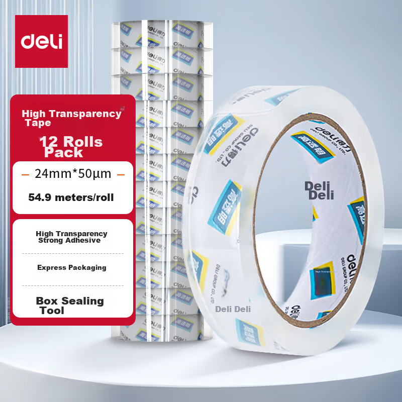 Клейкая упаковочная лента Deli, 24 мм, 12 рулонов, прозрачная, 30133