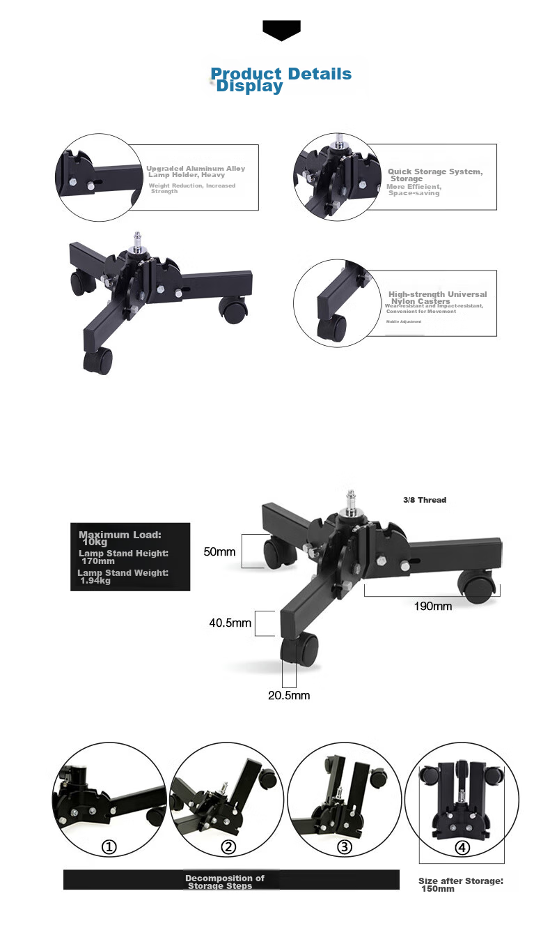 JINBEI JINBEI Photography Studio Floor Light Stand, Professional Dual-Use Background Light Stand, Wheeled Mobile Background Stand, Foldable Light Stand, Studio Equipment, DDJ-70 Background Light Stand 2