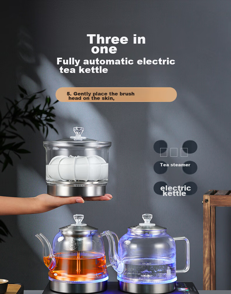 Biooner Fully Automatic Bottom Double Water Inlet Electric Kettle, Glass Water Boiler for Home And Office Use, Integrated Tea Table And Countertop, Built-In Electric Tea Stove, Tea Set Package, Light Luxury Silver Three-I 1