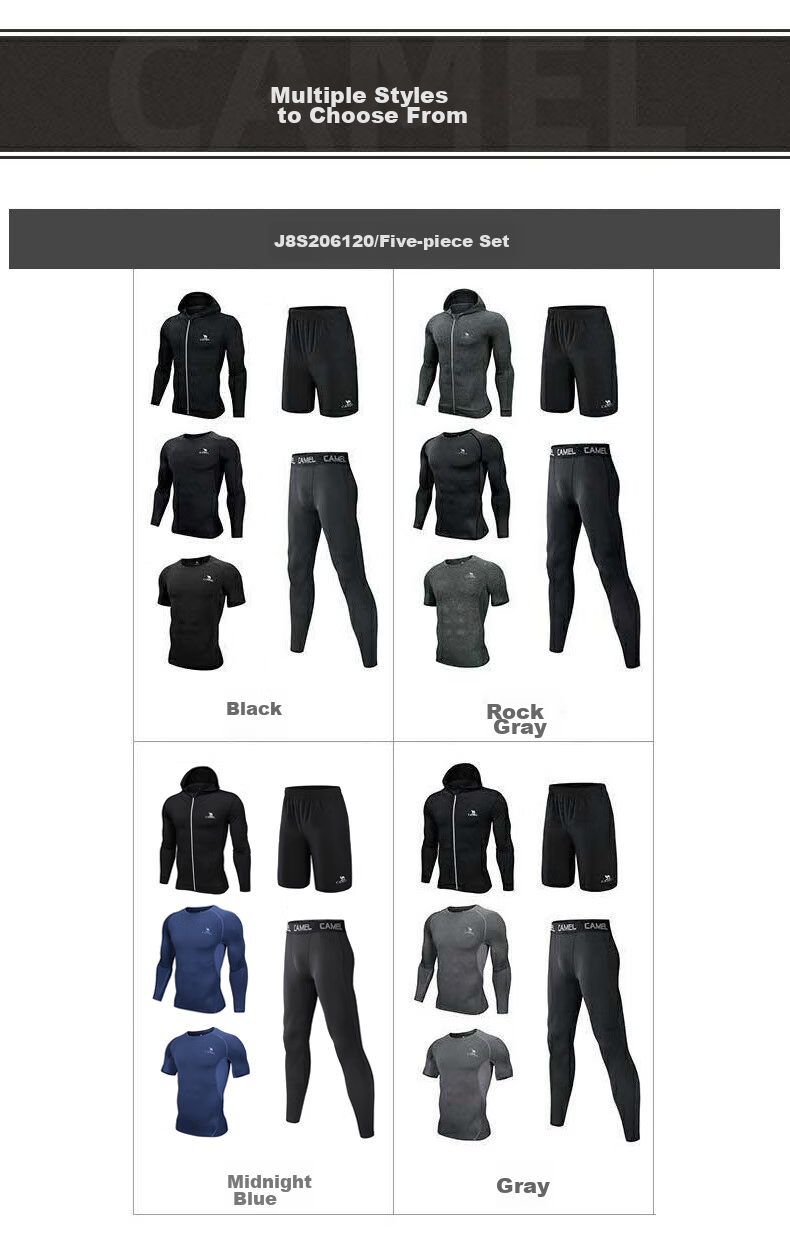 CAMEL Men's Sports Set, Five-Piece Fitness Outfit, New Long-Sleeve And Long Pants, Quick-Dry Running Basketball Training Sportswear 15