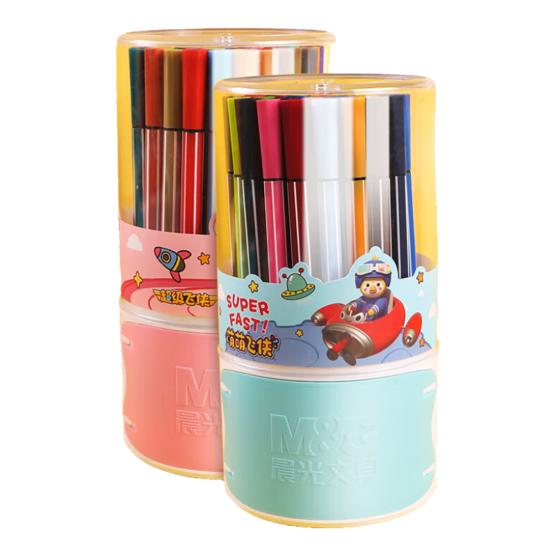 M&G 48-Color Cute Flying Hero Watercolor Markers with Hexagonal Barrel, Washable Cap, Safe Pen Tip, Children's Doodle Pens, Single Tube JCP95889 Watercolor Markers
