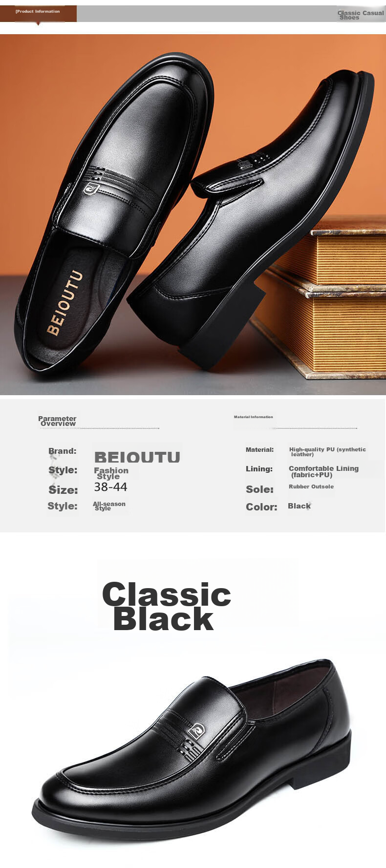 BEIOUTU Men's Shoes, Business Casual Shoes, Round Toe Slip-On, British Style Soft Leather Dress Shoes, Formal Leather Shoes, 1716 Black, Size 44 3