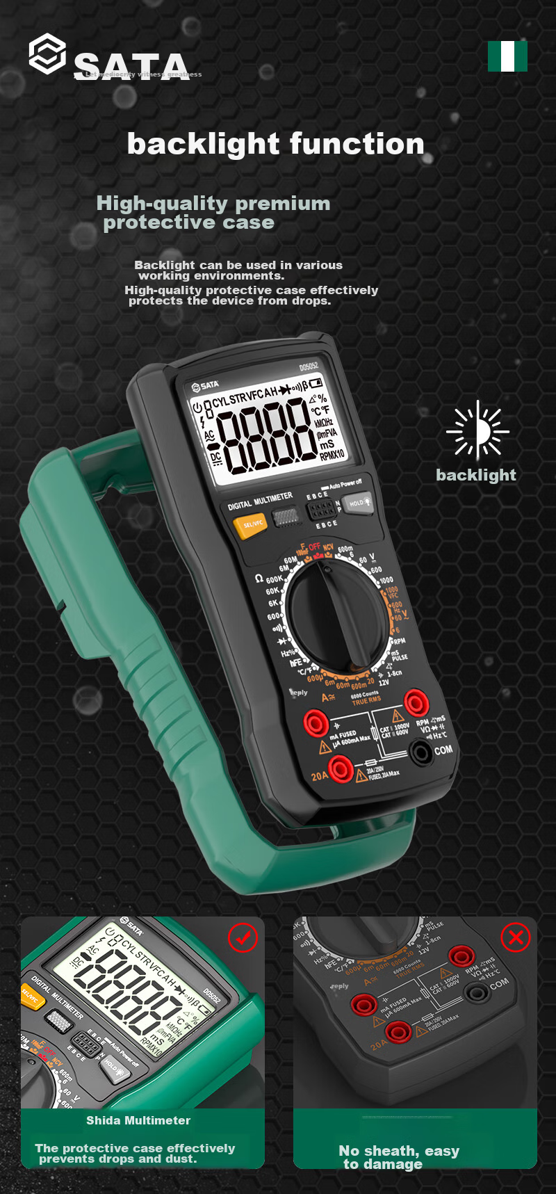 Shida SATA Automotive Multimeter, Multi-Functional Inspection, Burn Prevention, Auto Repair Digital Display Universal Meter, Electrician-Specific D05052 Standard Configuratio 16