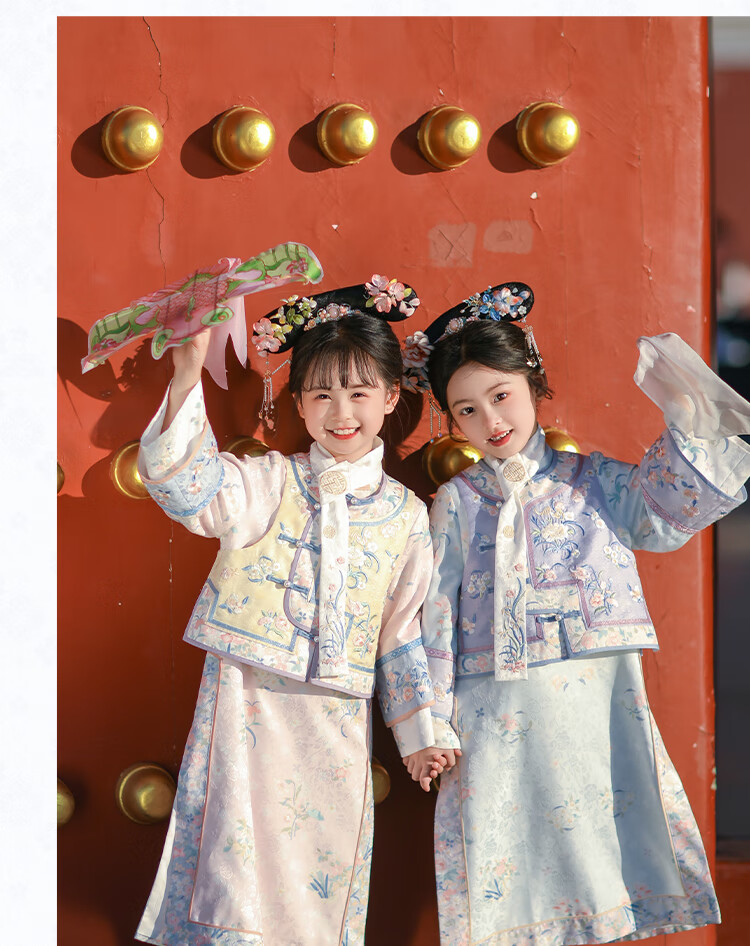 Qibo Girls' Cheongsam, Spring And Autumn Mid-Autumn Festival Children's Kindergarten New Hanfu, Blue-Purple + Neck Scarf, Size 130 32