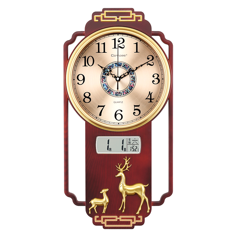 Compas Wall Clock, Living Room New Chinese Style Calendar Clock, Quartz Clock, Wall-Mounted, 3349 Redwood Color, 64cm, New Year Gift