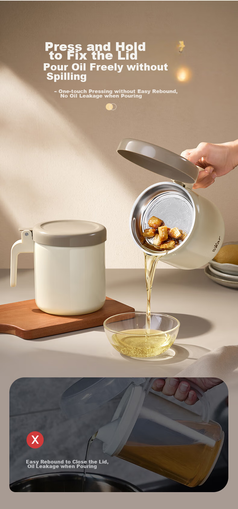 Bear Oil Strainer Bottle, 304 Stainless Steel, with Filter Mesh, Lard Container, Large Capacity Kitchen Oil Bottle, Food-Grade Oil Container, 1.3L 7
