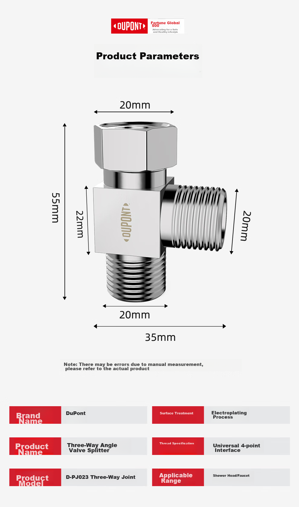 DU PONT DU PONT Three-Way Connector, Thickened One-In Toilet Accessory, 1/2 Inch Union Joint, Copper Material Angle Valve Water Distributor 1