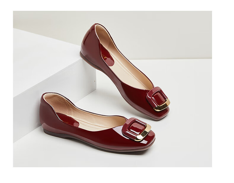 DAPHNE French Shallow Women's Flat Shoes, Red Elegant Loafers with Square Buckle, Style 4623101054, Red, Size 35 22