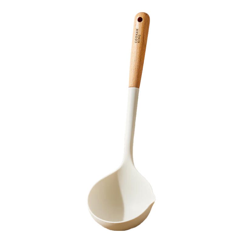 COOKER KING Silicone Soup Ladle, Wooden Handle Soup Spoon for Non-Stick Soup Pot And Hot Pot, Heat-Resistant, White