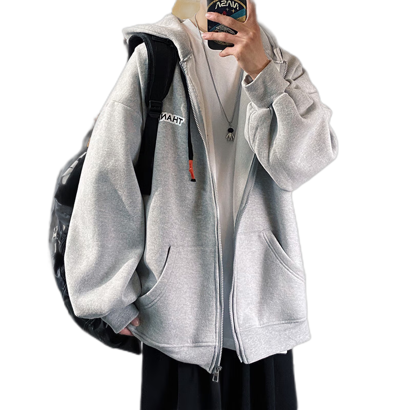 Foss Phil Men's Jacket, Spring And Autumn Large Size Cardigan Sweatshirt, Hooded Sports Top, Loose-Fitting Jacket JK2080, Light Gray, 3XL