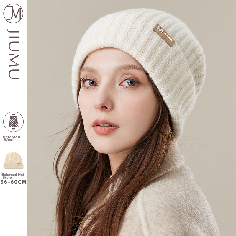 JIUMU Wool Warm Knit Hat, Autumn And Winter Knitted Cap, Cold Hat, Winter Hat, Large Head Circumference Slouchy Hat, Cold-Proof Hat for Women in Winter