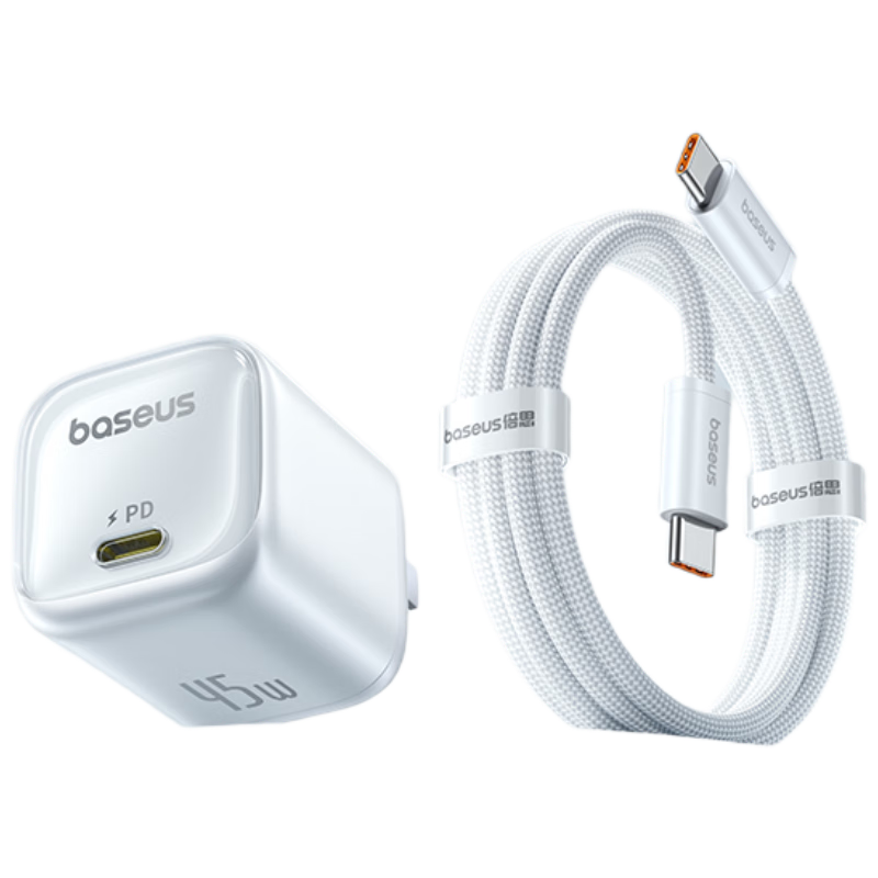 Baseus Dual-Core Charger, Apple 17 Charger PD45W Compatible with 40W GaN Fast Charging Head for IPhone17/16/15ProMax/Air, Phone And IPad Charging Set 1 Meter White