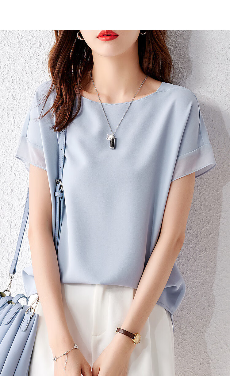 Sentubila Spliced Short-Sleeve Chiffon Blouse for Women, Slimming Tummy-Covering Top, Summer Lightweight Casual T-Shirt, Light Blue, S 16