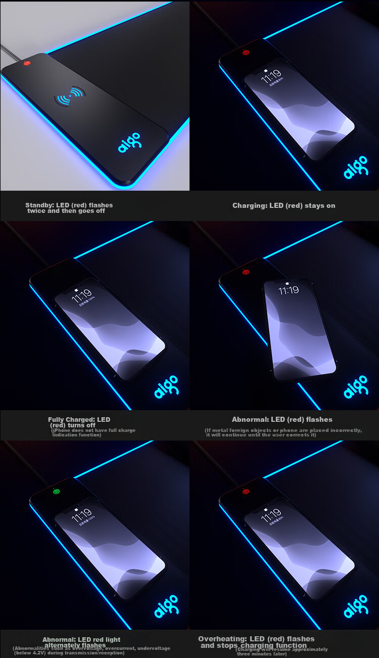 Aigo Mouse Pad Large Size, Magic Carpet G001, 15W Wireless Fast Charging, Rechargeable, RGB Lighting, Gaming Desk Mat 5