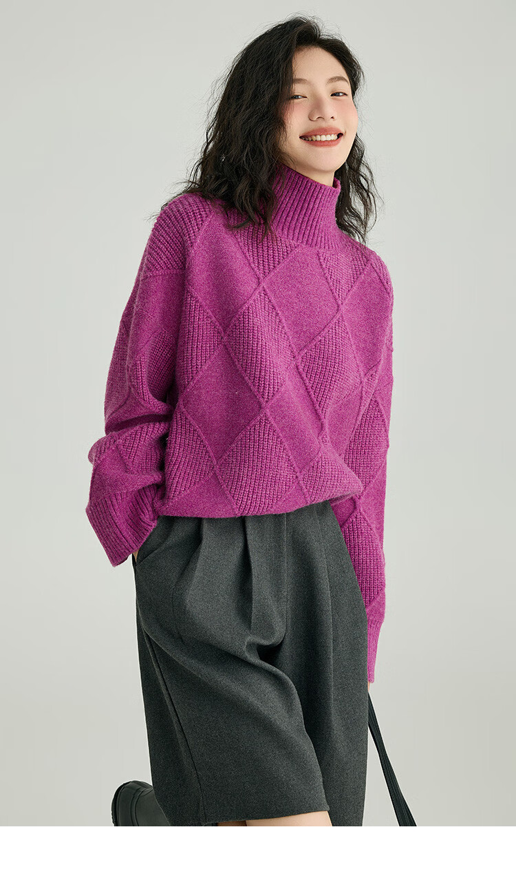 Demana Slightly Drunk Knitwear Stylish Diamond Pattern Slim Fit Sweater for Women Purple Red S 6