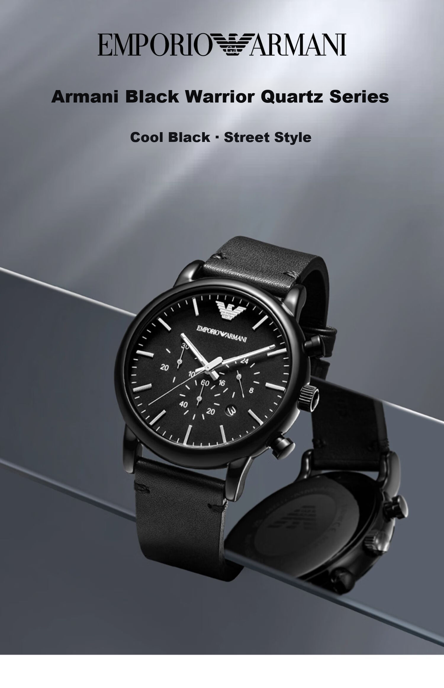 EMPORIO ARMANI Men's Black Knight Series Watch, Glossy Black Leather Strap Casual Quartz Watch Birthday Gift AR1918 1