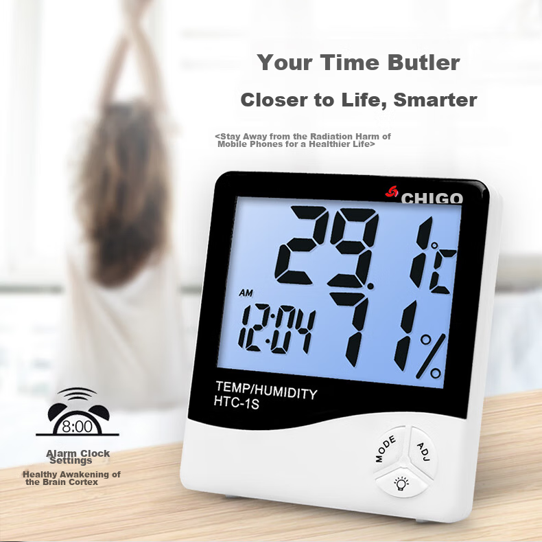 CHIGO Indoor Thermometer, Home Temperature And Humidity Meter, High-Precision Electronic Room Thermometer Clock, Dry And Wet Temperature Gauge HTC-1S 6